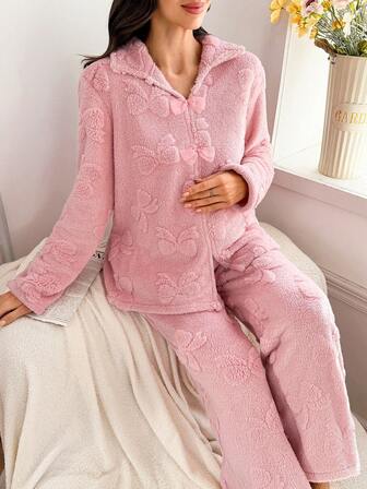 Moonlight & Mama 2pcs Maternity Sleepwear Set With Cutout Floral Velvet Bow Collar Long Sleeve Top And Long Pants, Autumn/Winter