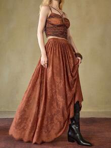 MOTF STUDIO 女士蕾丝喇叭优雅浪漫约会中长裙 - 棕色 - 查看 3