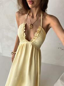 Aloruh Váy dài chữ A cho nữ, thiết kế chéo hở lưng, vải họa tiết, thích hợp cho kỳ nghỉ ở bãi biển, mùa xuân/hè - Vàng nhạt - Xem 7