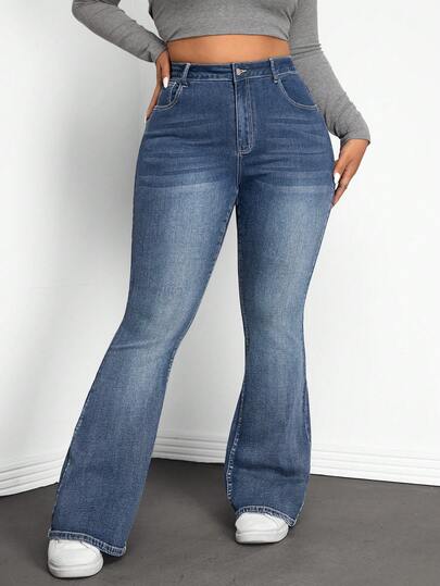 SHEIN ICON Plus Size Women Casual Fashion Street Chic High Waist Flare Leg Jeans, Suitable For Daily Commute Bootcut Jeans Flared Jean Plus Size Jeans Curve Jeans Wide Leg