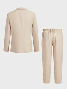 HIMLAND 男士商务正式简约纯色西装外套和裤子套装，婚礼 - 杏色 - 查看 5