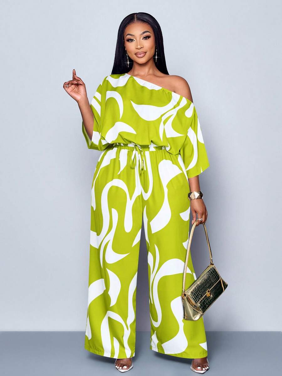 SOLERSUN Conjunto de blusa con cuello asimétrico y estampado integral y pantalones para uso diario para mujer - Verde - Ver 1