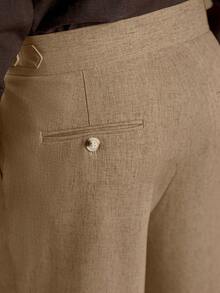 Core Aspect Pantalones de lino de unicolor para hombre con doble pliegue y presillas para cinturón, pantalones rectos casuales y de negocios con pierna recta y tiro corto - Caqui - Ver 3