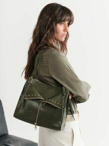 SHECARRY Women's Tote Bag, Oil Wax PU Material, Large Capacity Rivet Shoulder Commuter Bag - Dark Green - View 6