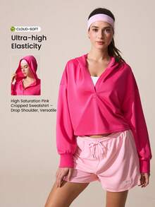 SHEIN Sovereign Charm 女士纯色V领连帽休闲百搭通勤户外长袖卫衣 - 玫紅色 - 查看 1