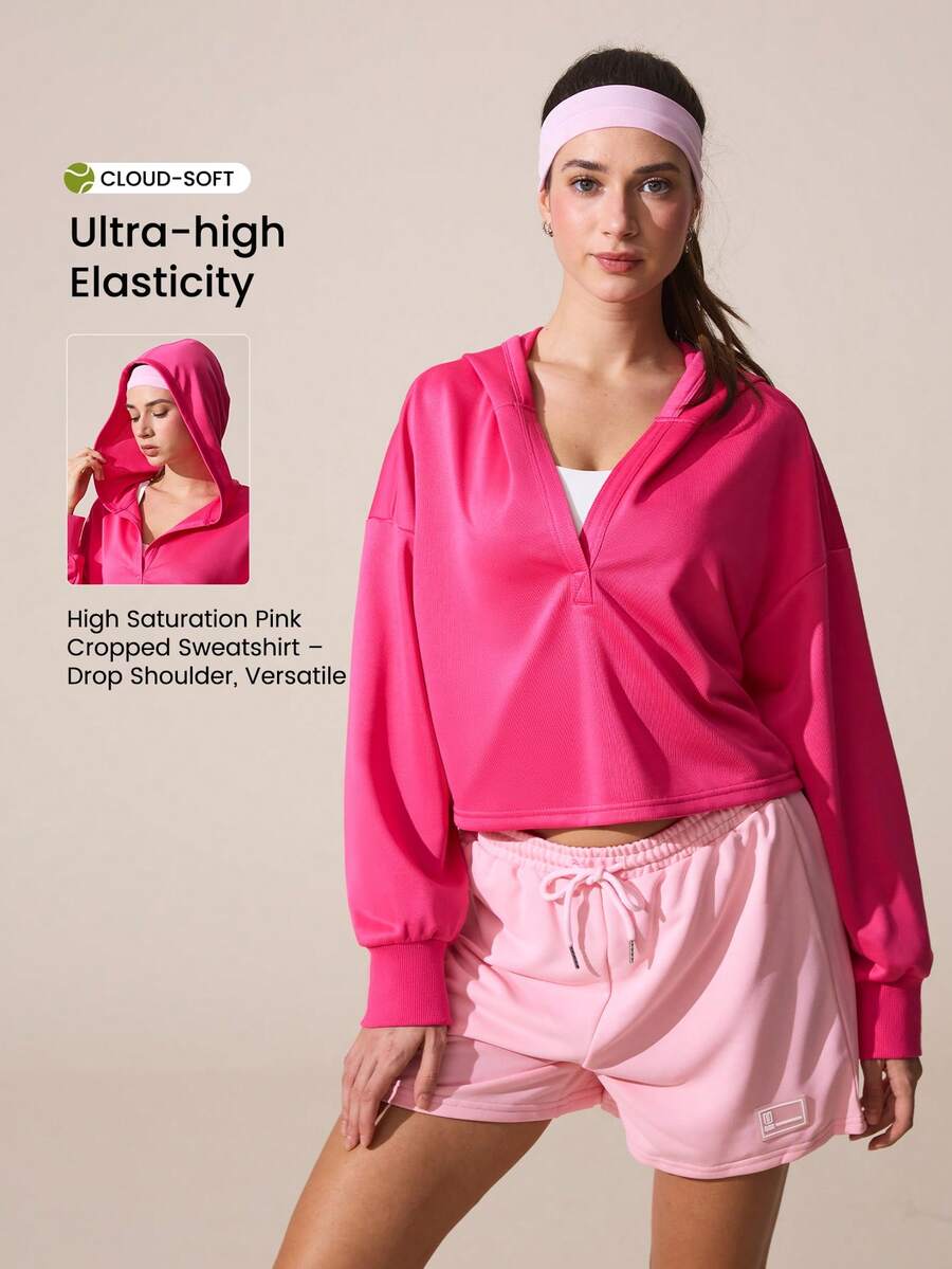 SHEIN Sovereign Charm 女士纯色V领连帽休闲百搭通勤户外长袖卫衣 - 玫紅色 - 查看 1