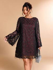 Cravure Plus Size Women's Fluffy Bow Decor Flare Sleeve Dress, Fashionable For Vacation And Party  Day - Multicolor - View 2