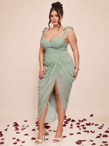 SHEIN BAE Polka Dot Print Vacation Style Tie-Up Ruffle Dress - Mint Green - View 7