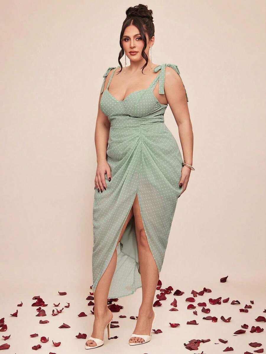 SHEIN BAE Vestido de volantes con lazo estilo vacaciones con estampado de lunares - verde menta - Ver 1