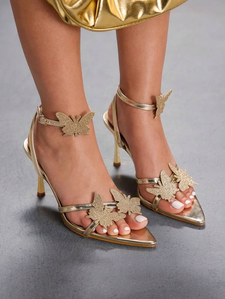 CUCCOO SZL Women's Butterfly Decor Buckle Design Fashionable High Heel Sandals, Versatile For Daily Wear For Christmas