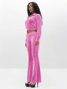 BABYPHAT Velour Funnel Neck Zip Up Sweatshirt With Rhinestone Embellishments Long Sleeve Cropped Top For Fall Winter Casual Wear - Pink - View 4