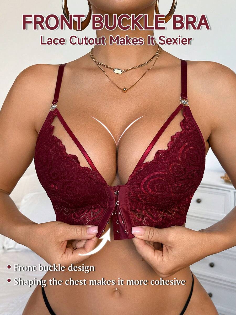 Romantic, Elegant And Sexy Lace Front Closure Bra - Burgundy - View 1