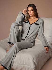 Lazeform American Casual Cardigan V-Neck Long Sleeve Contrast Trim Wide Leg Pants Women Pajama Set Grey Pajama Set Women's Loungewear Button Front Pajama Set - Grey - View 5