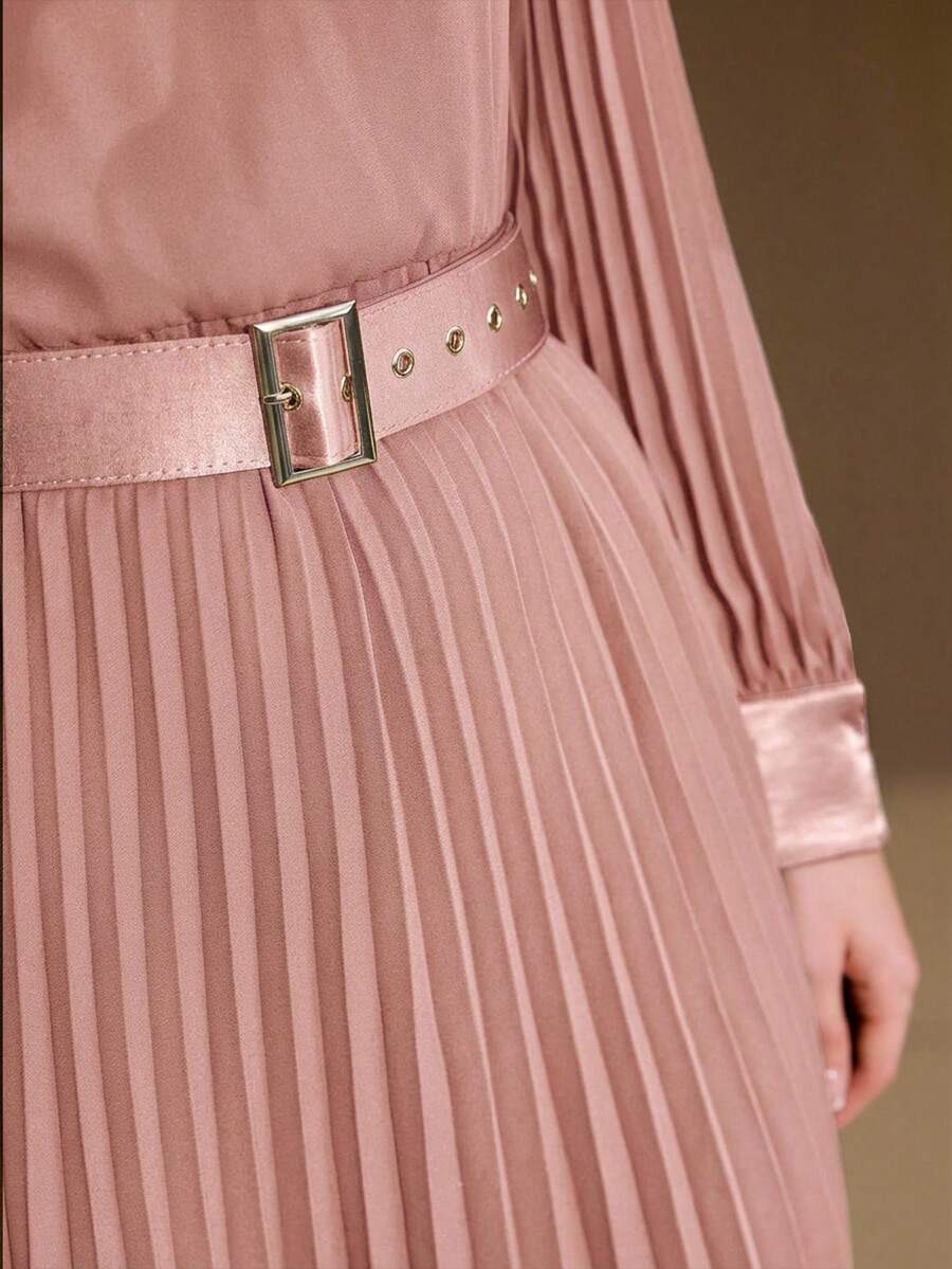 MOTF PREMIUM BELTED PLEATED MINI DRESS, AUTUMN/WINTER - Pink - View 2