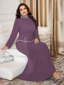 Modelyn Plus Size Elegant Rhinestone & Faux Pearl Decor Fish Tail Hem Dress, Summer - Purple - View 7