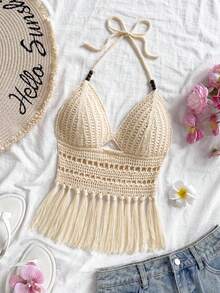Soleia Women's Beaded Halter Neck Tassel Hem Knit Top, Suitable For Holiday, Date, Afternoon Tea, Beach, Cruise, City Trip, Wedding Season, Music Festival, Boho Vacation Fringe Top, Fringe Bathing Suit Crochet Bathing Suit Crochet Swimsuit Women Fringe Crochet Top Crochet Bathing Suit Top Crochet Bikini Top Fringe Bikini Fringe Bikini Top Fringe Bathing Suit Top - Apricot - View 4