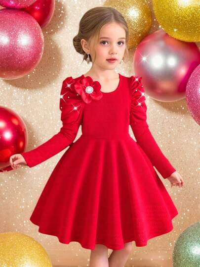 女童时尚红色针织圆领串珠泡泡袖A字裙，优雅珍珠花领，别致风格适合新年派对，春秋季