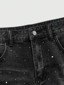 ROMWE MEN Men's Rhinestone Embellished Jeans, Suitable For Everyday Wear, Spring/Summer - Grey - View 4