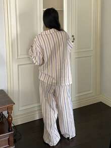 DAZY Cute Dog Print Striped Contrast Trim Women Pajama Set - White - View 2