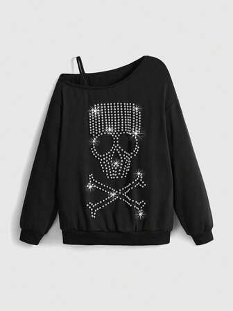 ROMWE Avant Damen Y2K Retro Streetwear Allround Unisex Totenkopf Nieten Dekor Schräge Schulter Sweatshirt