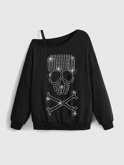 ROMWE Avant Sudadera unisex con decoración de calavera y tachuelas, estilo retro Y2K y callejero, para combinar con todo
