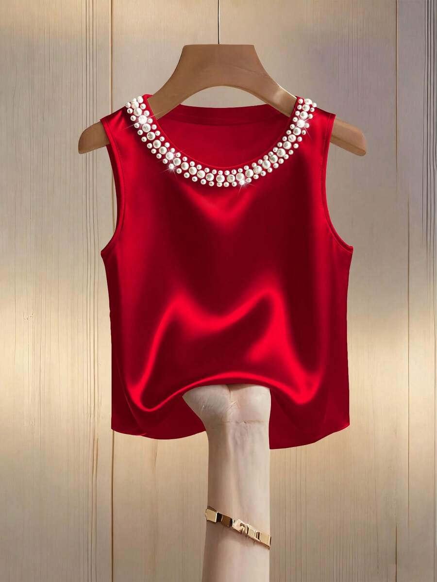 Franclia 女士圆领串珠无袖休闲背心 - 紅色 - 查看 1