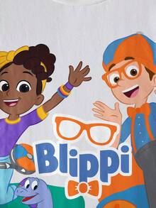 Blippi X SHEIN 男童休闲日常通勤上学风卡通恐龙字母图案撞色短袖T恤，夏季 - 白色 - 查看 6