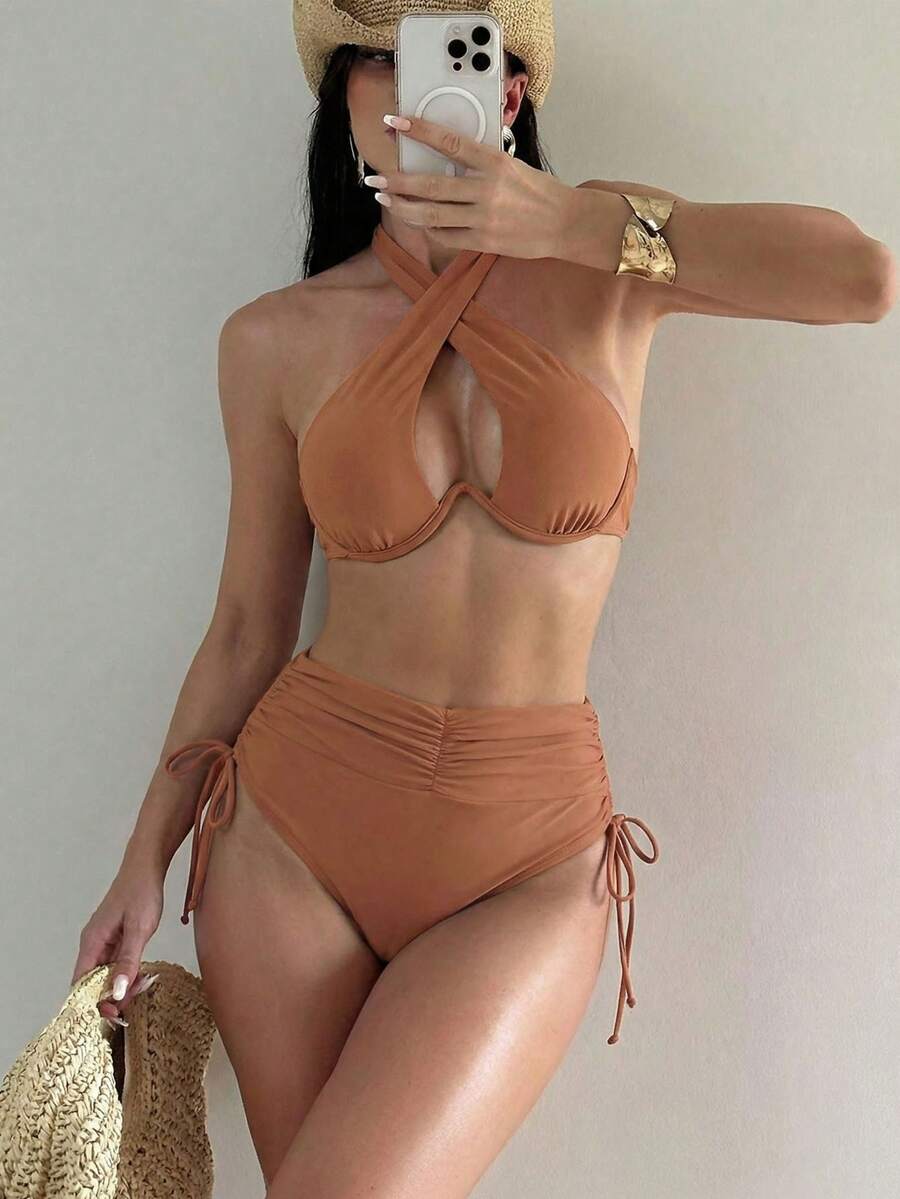 SHEIN Swim Women's Summer Beach Solid Color Cross Halter Tie Sexy Bikini Swimsuit Set With Underwire - Brown - View 1