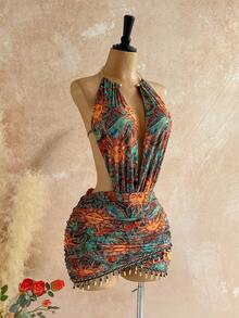 Soleia Đầm mini ôm sát gợi cảm họa tiết vintage bằng vải lưới, cổ khoét sâu, đính hạt cườm dành cho nữ cỡ lớn, thích hợp cho các bữa tiệc ngày lễ, Giáng sinh, hẹn hò, hộp đêm, phong cách Bohemian, Boho, kỳ nghỉ, mùa thu. - Nhiều màu - Xem 7