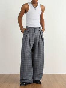 TOKVUE 男士褶裥格纹休闲裤，带腰带环，宽松时尚 - 彩色 - 查看 6