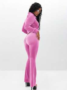 BABYPHAT Velour Funnel Neck Zip Up Sweatshirt With Rhinestone Embellishments Long Sleeve Cropped Top For Fall Winter Casual Wear - Pink - View 6
