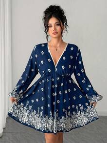 SHEIN Elenzya Plus Size Flower Printed V Neck Long Sleeve Dress Boho Blouses Tunic Dresses Tunic Blouse Boho Dress Long Sleeve Summer Dress - Multicolor - View 1