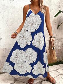 EMERY ROSE Women's Plus Size Floral Leaf Print Loose Camisole Dress,Blue And White Summer Boho Beach Holiday Casual Maxi Dress,Long Vacation Dress - Multicolor - View 4