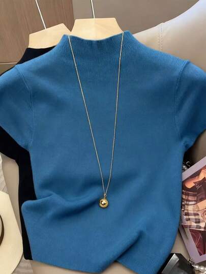 Franclia เสื้อสเวตเตอร์คอเต่าแขนสั้นสีพื้นเรียบง่ายสำหรับผู้หญิง, ใส่ได้ทุกวัน