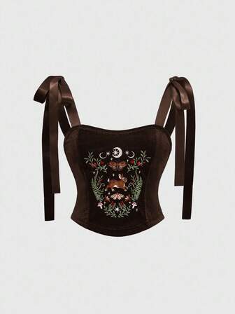 Goth Crop top nero da donna in stile gotico con decorazioni a cuore ricamate, strass, cristalli a goccia e stelle