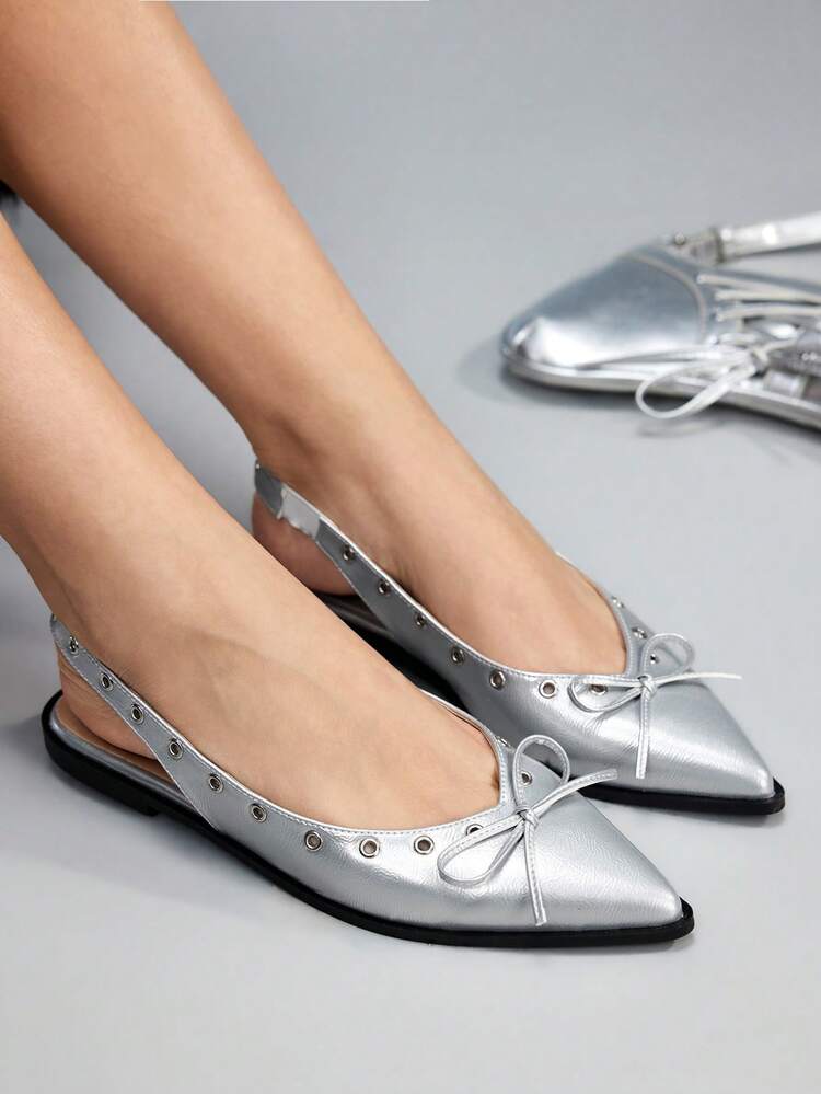 CUCCOO GRLICON Women's Elegant Commuter Silver Grommet Bow Detail Open Toe Flat Shoes