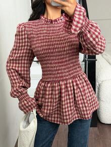 Siren Gaze Camisa casual de manga larga con cuello alto, volantes y estampado de cuadros para mujer, atuendo primaveral, atuendo de vacaciones de primavera, atuendo de San Valentín para mujer, atuendo de San Valentín, blusa casual para salir, blusas casuales para mujer, top rojo