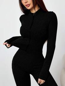 Dewbera Women's Seamless Yoga Sports Zip-Up Crop Top And High Waist Sports Leggings Set Black 2 Piece Set Flared Leggings Set - Black - View 8