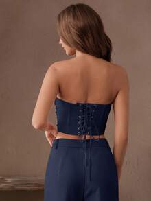 Anewsta Elegant Beaded Decor Bandeau Bodycon Crop Top, Stylish & Chic, Suitable For New Year, Christmas, Going Out, Winter - Navy Blue - View 3