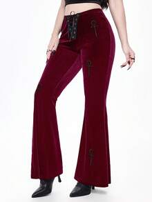 ROMWE Gothic Style Velvet Ankh Embroidered Flare Pants For Women - Burgundy - View 4