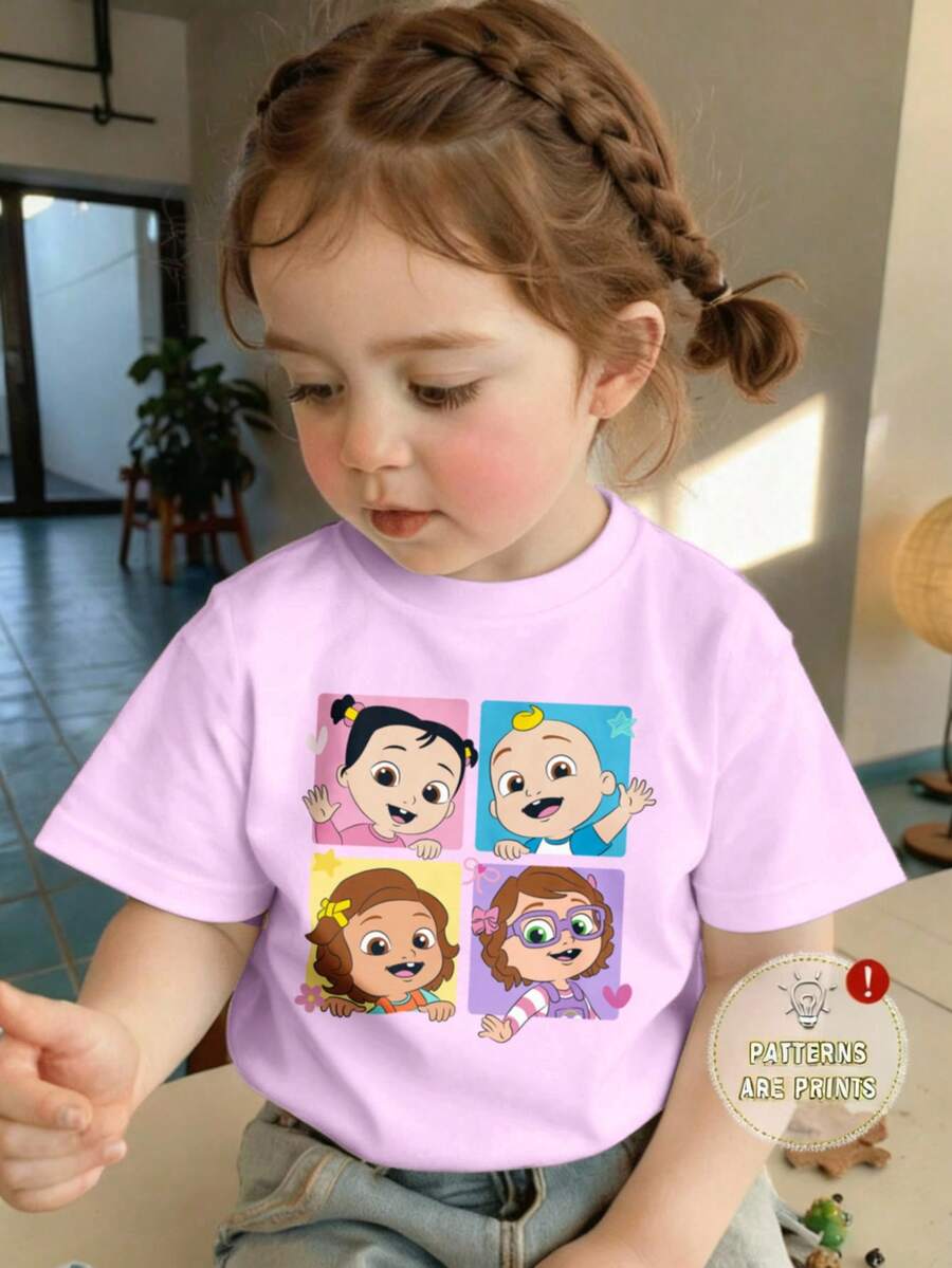 CoComelon X SHEIN Baby Girl Casual Cartoon Pattern Round Neck Short Sleeve Top, Summer - White - View 1