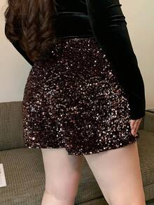Dazy Plus Quần short ống đứng cạp chun cỡ lớn đính sequin, thích hợp cho mọi mùa, dịp năm mới và lễ hội Carnival dành cho nữ. - Cà phê nâu - Xem 3