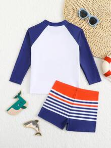 SHEIN Young Boy Crab Print Contrast Color Raglan Sleeve Two-Piece Swimsuit Set, Suitable For Beach & Swimming Boys Rash Guard Set Boy Swimsuit Set Long Sleeve Boy Swim Trunks Set Shirt Beach Wear For Boys Little Boy Bathing Suites Bottoms Boy Swim Set Boys Swim Rash Guard Toddler Rash Guard Boys Long Sleeve Swim Toddler Swim Shirt Little Boy Swim Wear Boys Long Sleeve Swimsuit Long Sleeve Rash Guard Beach Wear For Kids Boy Beach Wear Boys Rash Guard Top Boys Cruise Clothes - Multicolor - View 3