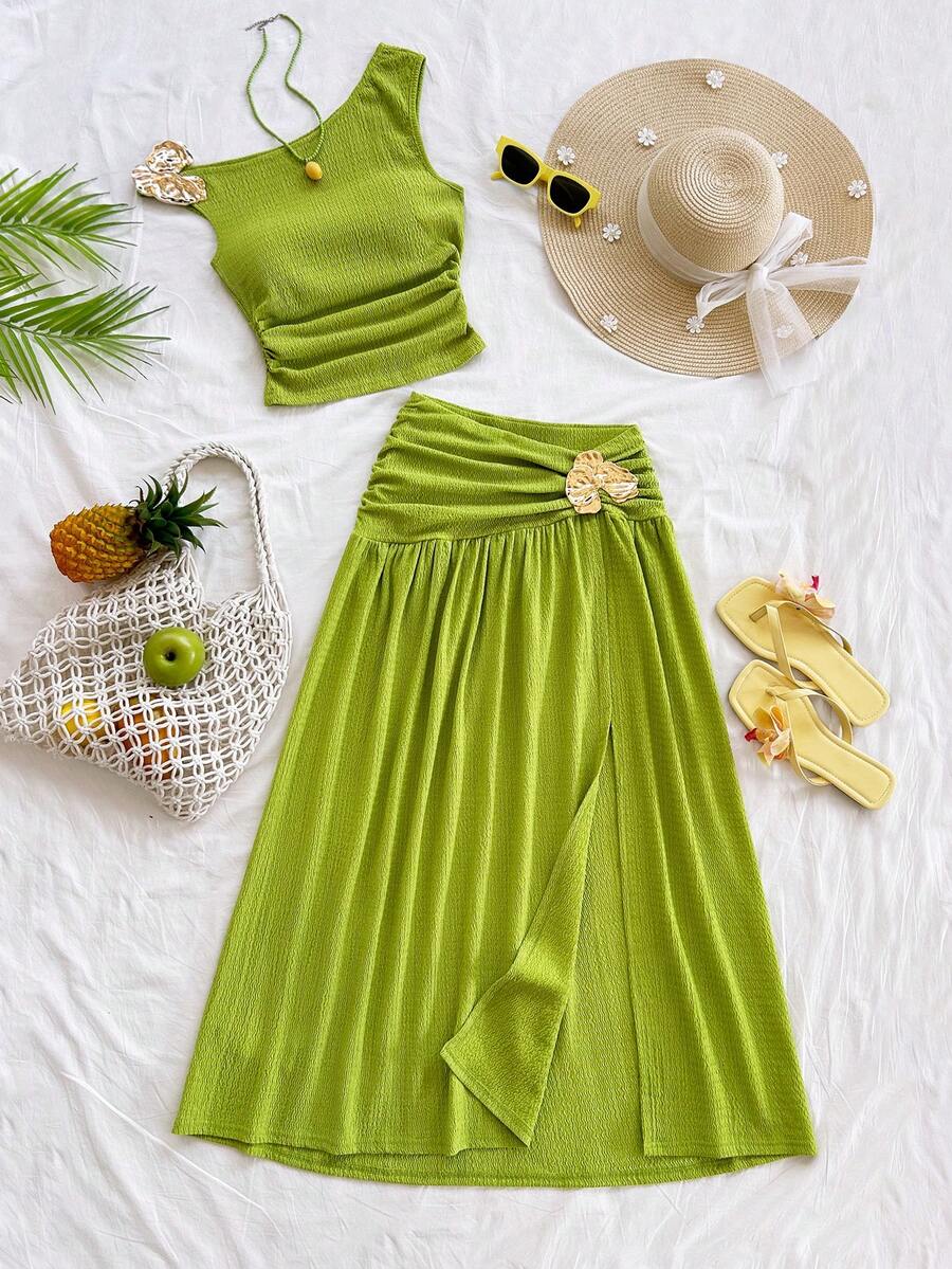 Soleia 两件套女士绿色纹理针织露脐上衣，饰有金属花朵，搭配低腰长裙，适合度假、海滩、约会、音乐节等场合，波西米亚风格。 - 綠色 - 查看 1