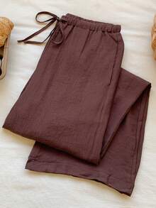 SHEIN EZwear Celana Panjang Wanita Kasual Warna Polos dengan Tali Serut dan Potongan Lebar - Coklat - View 7