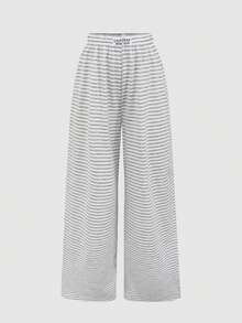 SHEIN Tween Girl Casual Homewear Fitted Lace Trim Camisole And Wide Leg Striped Knit Pants Set, Heather Gray - Grey - View 5