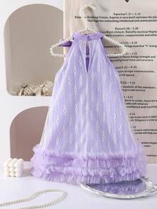 SHEIN 小女孩可爱优雅的紫色蝴蝶结网纱连衣裙 - 紫色 - 查看 2