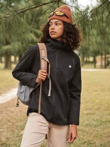 SHEIN In My Nature 女士休闲运动拉链连帽防风防水户外夹克 - 黑色 - 查看 4