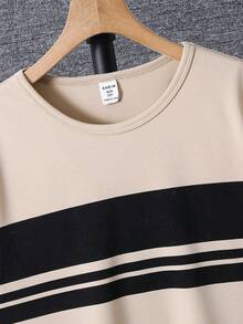 SHEIN 2pcs Tween Boy Casual Printed Fabric Round Neck Short Sleeve Shorts Set, Suitable For Commuting, School, Daily Casual Wear, Sports, Spring/Summer - Beige - View 4