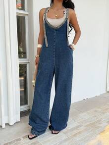 Sunnyshic 女士撞色阔腿休闲牛仔连体裤 - 深色水洗藍 - 查看 5